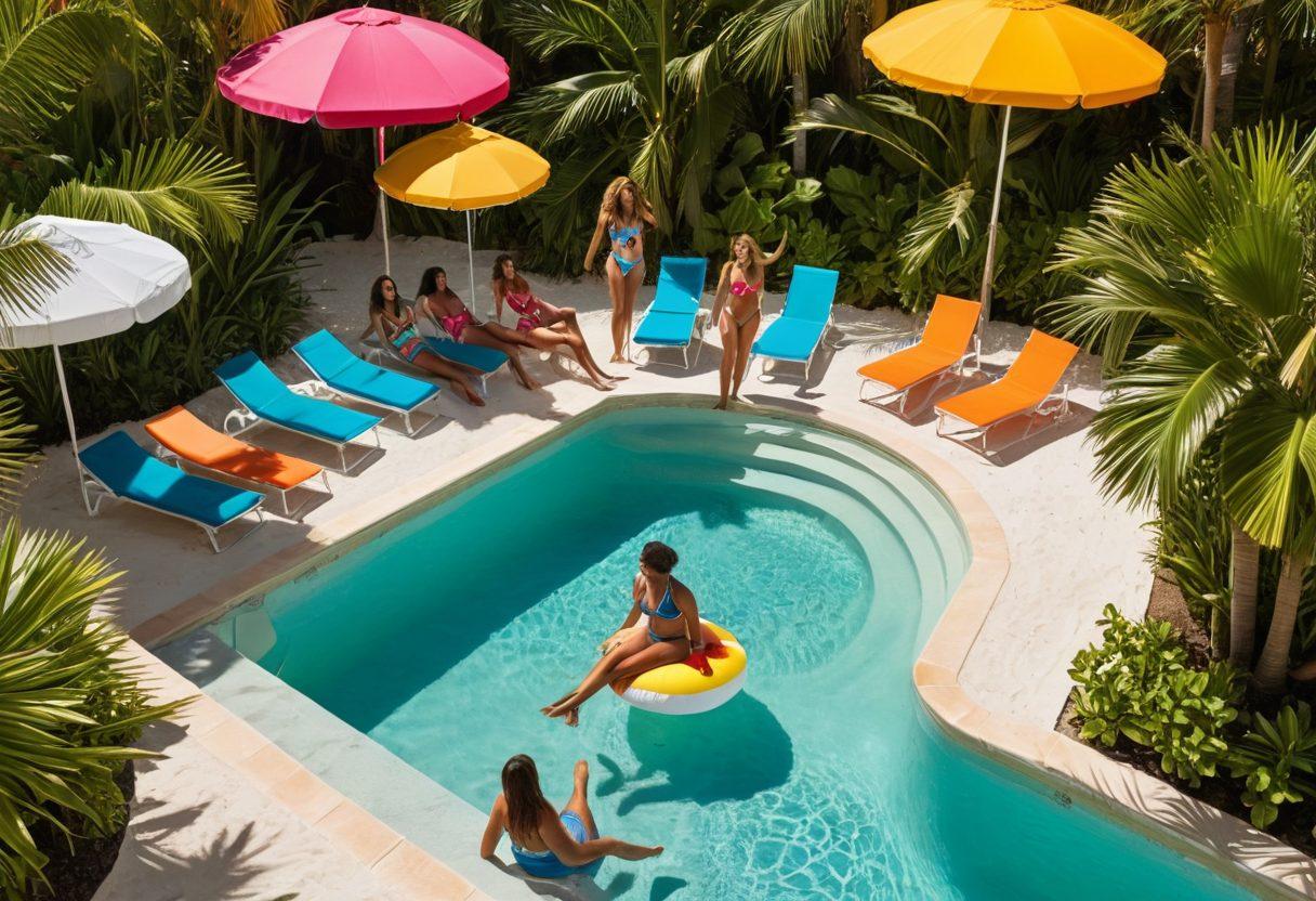 A vibrant beach scene with a diverse group of women in stylish swimwear, showcasing various latest fashion trends. Include elements like azure ocean waves, sandy shores, beach umbrellas, and colorful pool floats. Capture the joy and movement as they engage in activities like volleyball and sunbathing, with the sun shining brightly overhead. Incorporate tropical plants for a warm, inviting atmosphere. super-realistic. vibrant colors. white background.